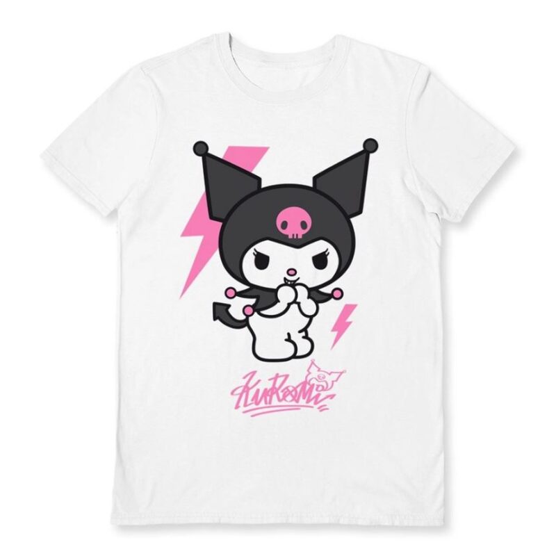 T-shirt-unisex-Sanrio-Kuromi-Tagged-bianca-cotone-100%-stampa-ufficiale-Sanrio-taglie-SML